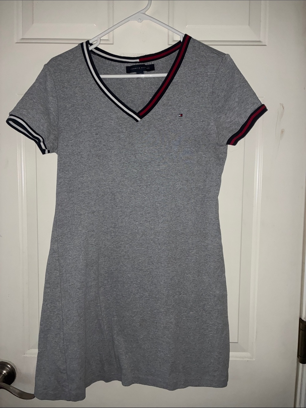 Tommy Hilfiger Gray V-Neck Tee Dress with Red & Navy Trim